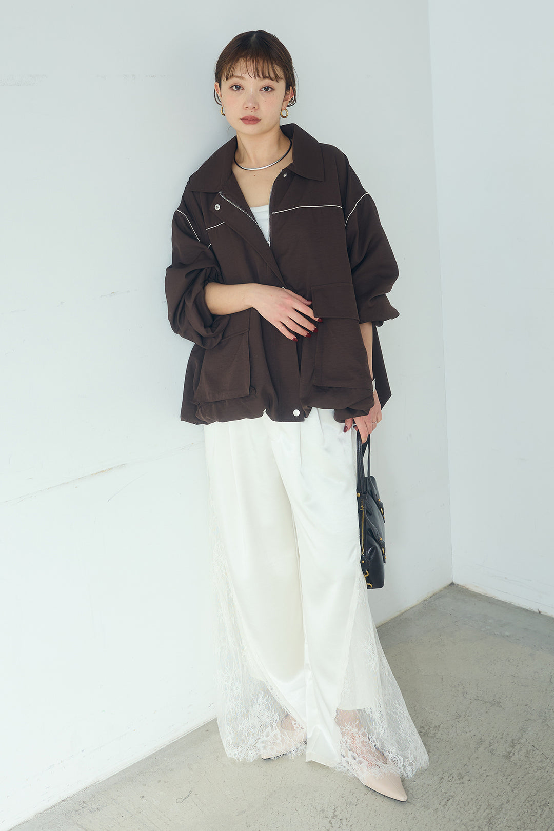 [SET]合繊ツイルバルーンジャケット+サテンレース切り替えタックパンツ(2set)