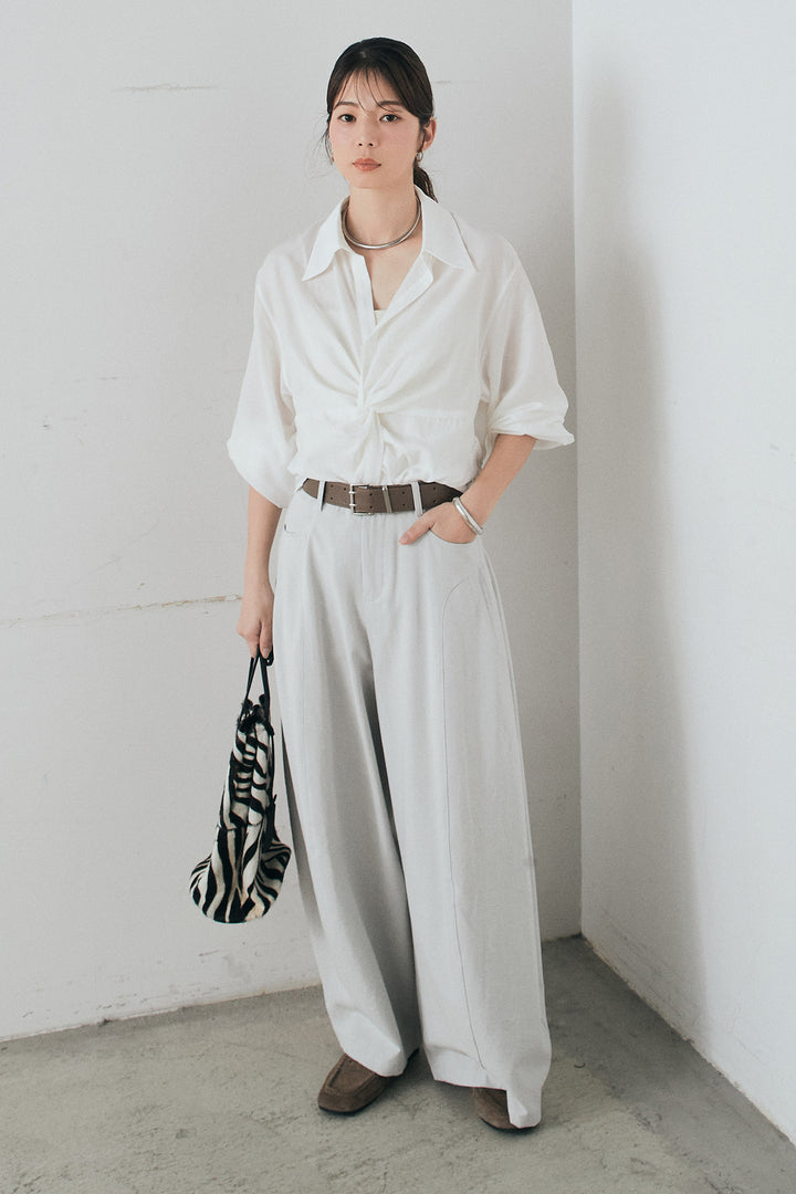 [SET]裾巻きツイストデザインシャツ+ベルト付きサイドタックワイドパンツ(2set)
