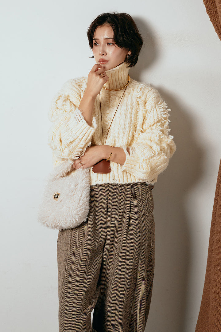 [SET]フリンジタートルショートニット+クラシックヘリンボーンサロペット(2set)