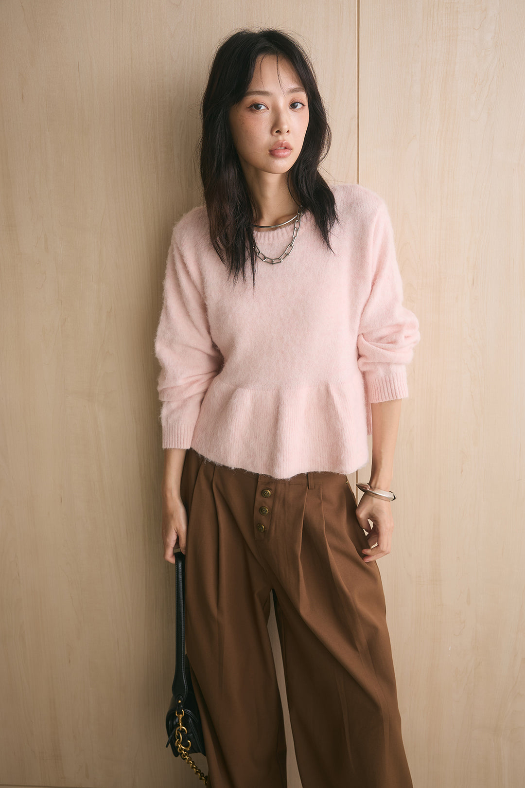 [SET]モヘアぺプラムクルーネックプルオーバー+ファイブボタンツータックワイドパンツ(2set)