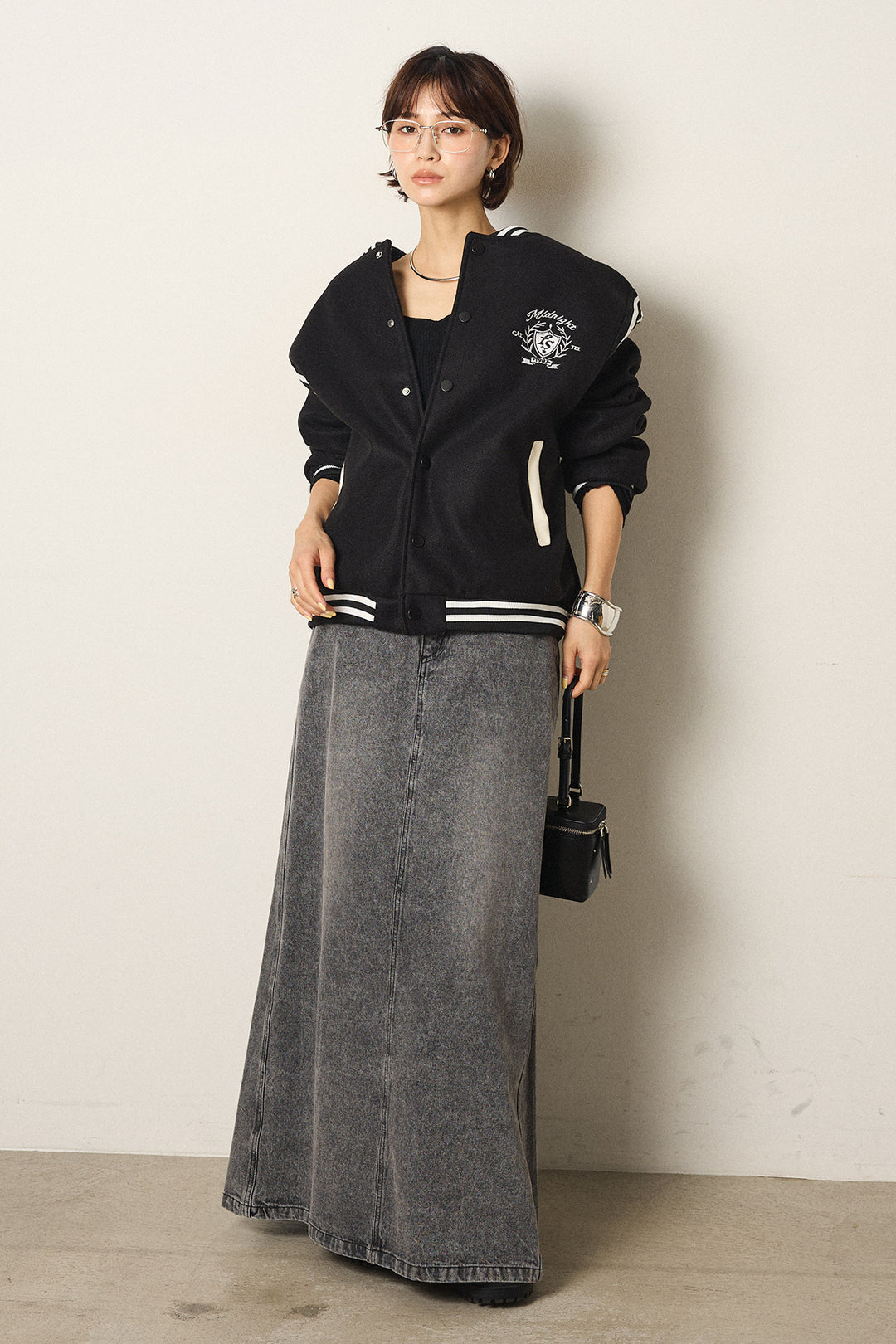 [SET]ワンポイントデザインブルゾン+デニムロングフレアスカート(2set)