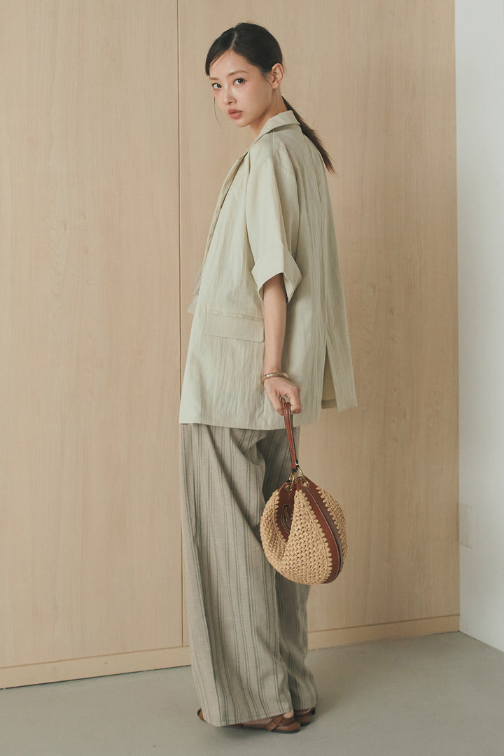 [SET]リネンストライプレイヤードキャミ+リネンストライプタックワイドパンツ(2set)