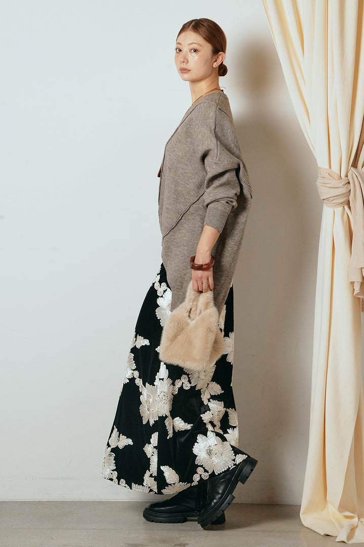 [SET]アシンメトリーデザインニットトップス+フラワー刺繍ワイドスカート(2set)