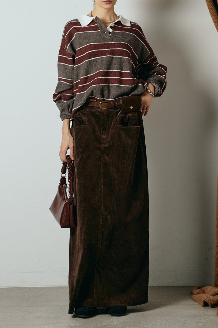 [SET]ラガーニットボーダーポロプルオーバー+ポーチベルト付きコーデュロイワイドスカート(2set)