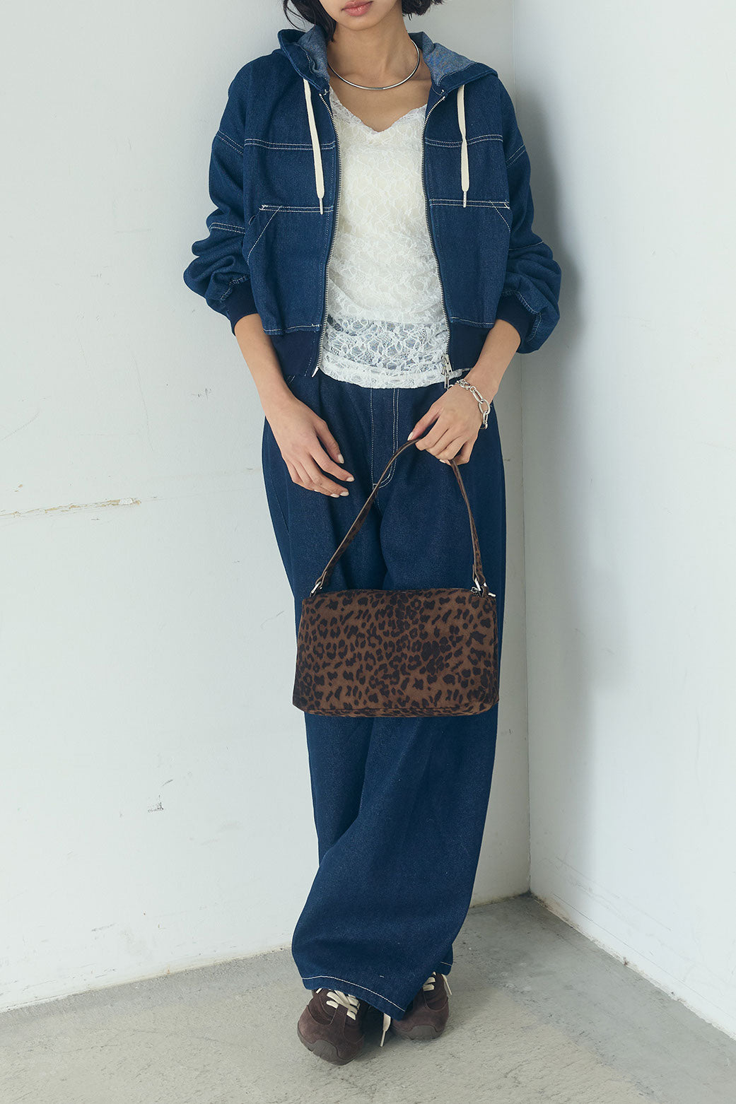 [SET]デニムダブルジップパーカーブルゾン+デニムタックカーブパンツ(2set)