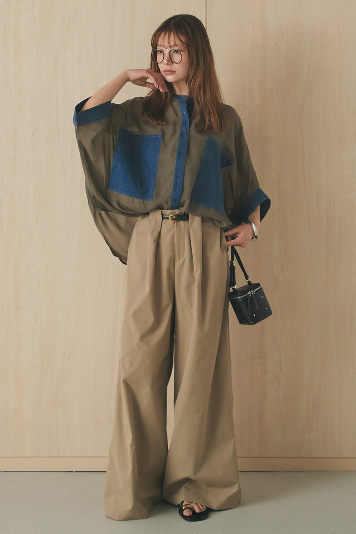 [SET]デニムライクビッグツーポケシアーシャツ+ベルトループデザインハイウエストタックパンツ(2set)