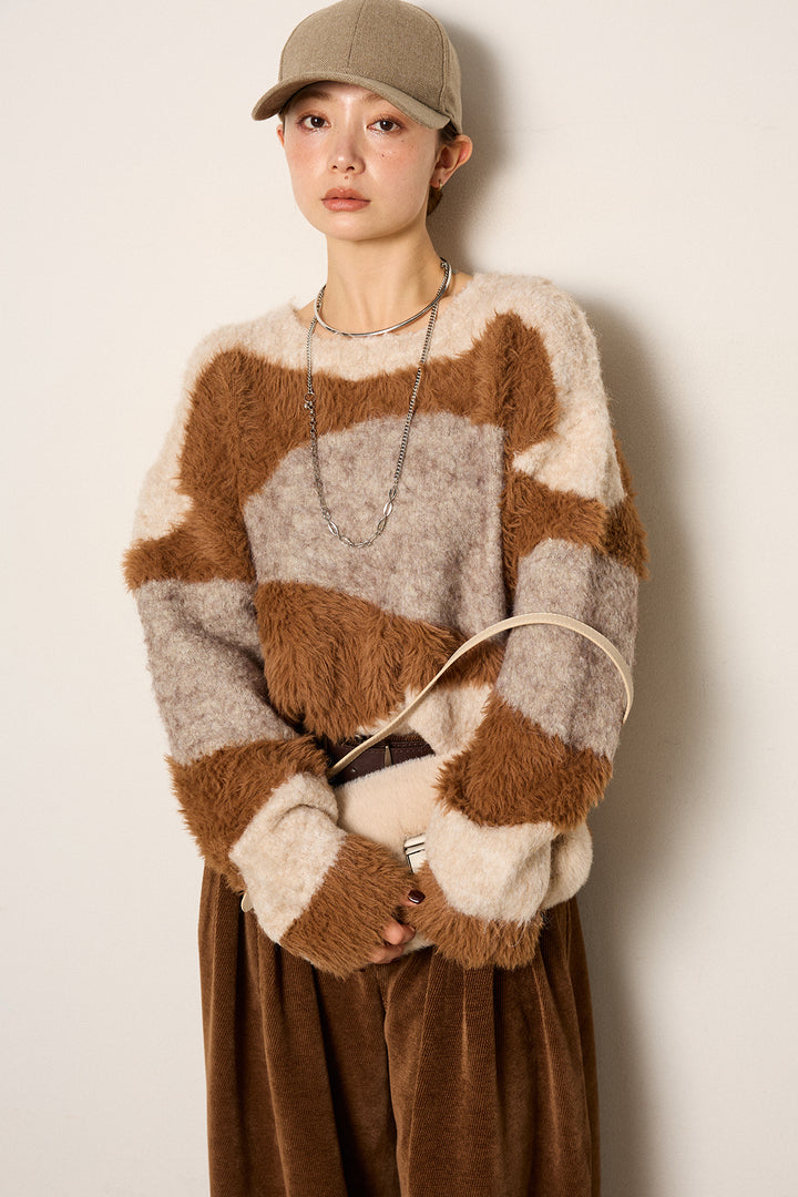 [SET]シャギーウェーブ柄クルーネックニットトップス+ベルトループコーデュロイワイドパンツ(2set)