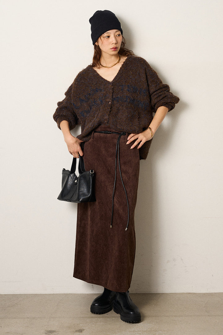 [SET]ウール混透かしロゴニットカーディガン+ロープベルト付きスウェード調スカート(2set)
