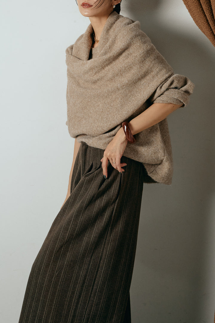 [SET]ネック巻きデザインニットトップス+タック入りマルチストライプ柄ワイドパンツ(2set)