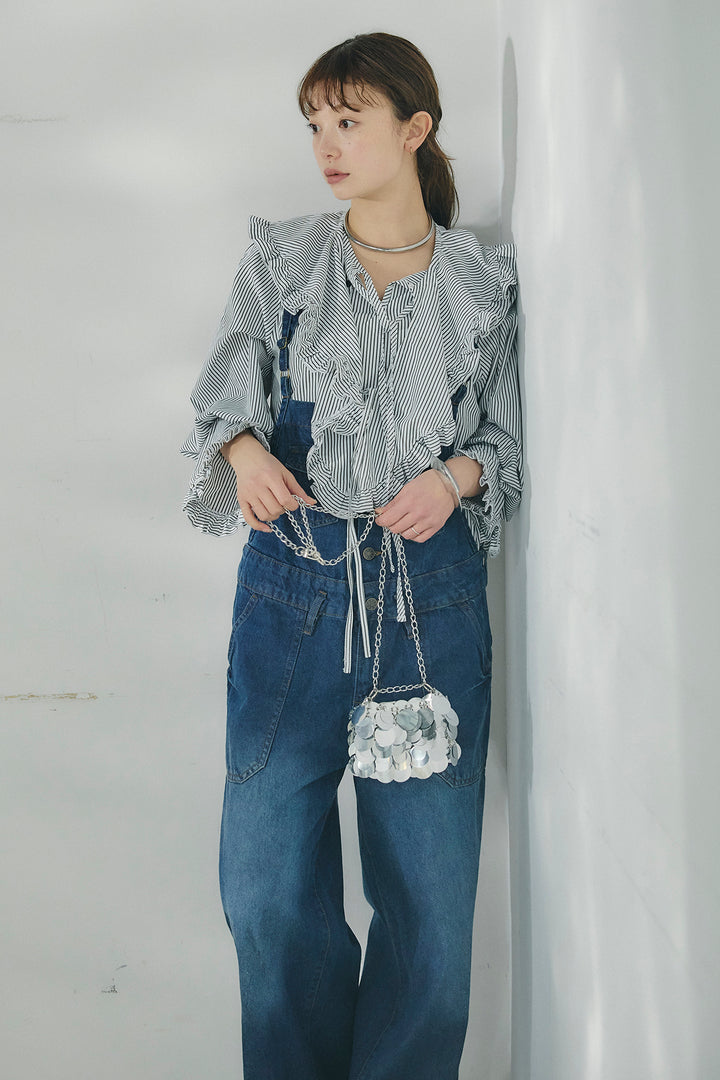 [SET]コットンフリルブラウス+デニムサロペットワイドパンツ(2set)