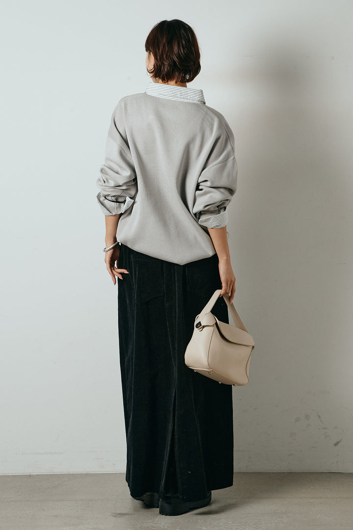 [SET]ストライプシャツドッキングポロトップス+ポーチベルト付きコーデュロイワイドスカート(2set)