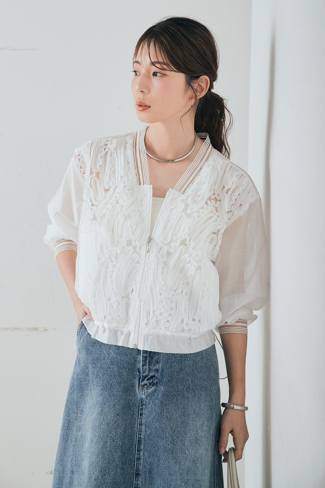 [SET]モチーフ付きシアーブルゾン+デニムロングフレアスカート(2set)