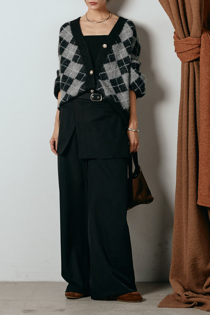 [SET]オーバーサイズ総柄Vネックニットカーディガン+ベルト付きウエストデザインパンツ(2set)