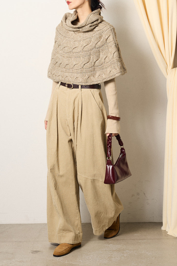 [SET]ケーブル編みケープレイヤードニット+タック入りコーデュロイワイドパンツ(2set)