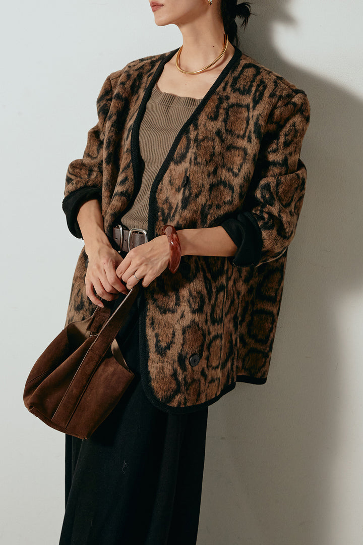 [SET]ノーカラーレオパード柄アウター+フェイクレザー太ベルト付きタックワイドパンツ(2set)