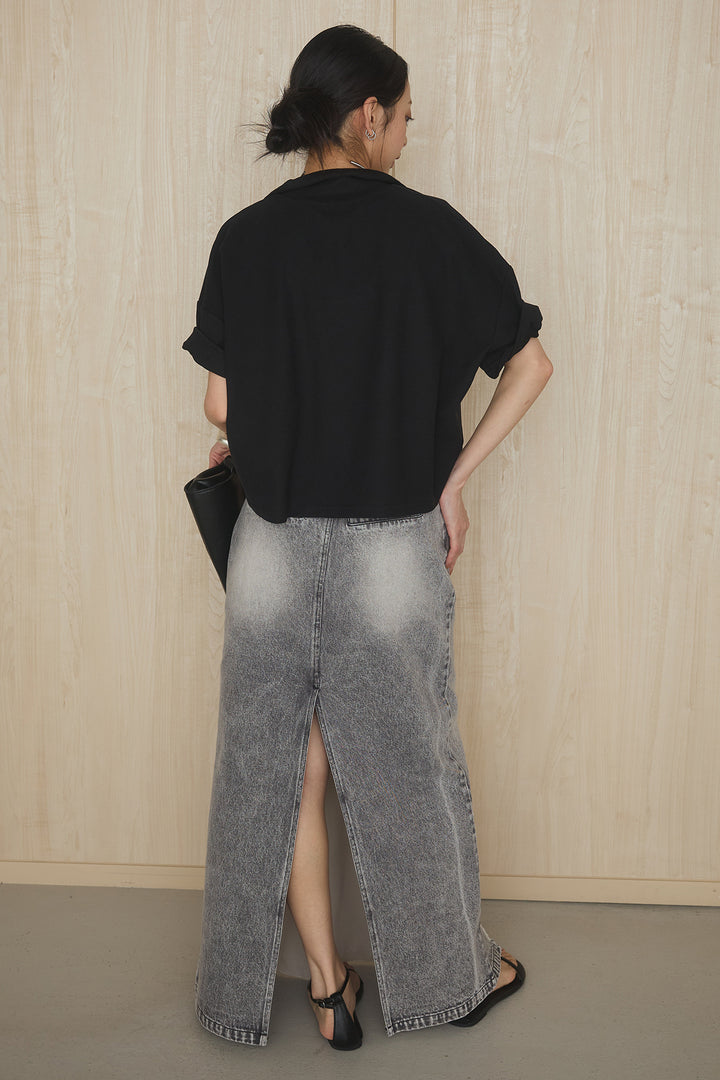 [SET]グラフィックポロTシャツ+サテン切り替えデニムスカート(2set)