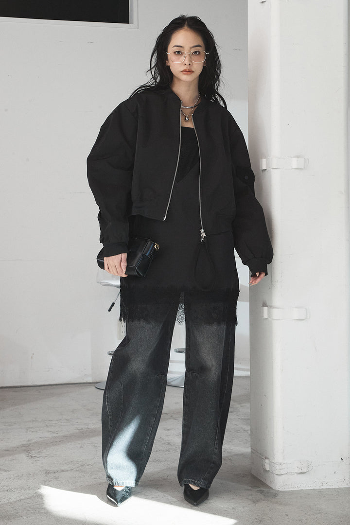 [SET]袖ギャザーデザインブルゾン+レース切り替えキャミソール+デニムアシメカーブパンツ(3set)