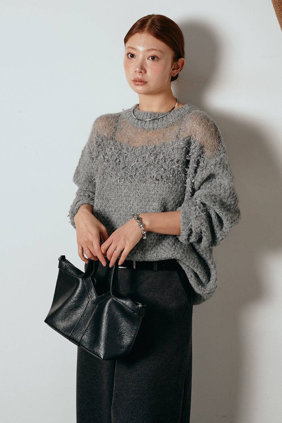 [SET]パターンランダム編みニットトップス+ベルト付きフロントタックデザインパンツ(2set)