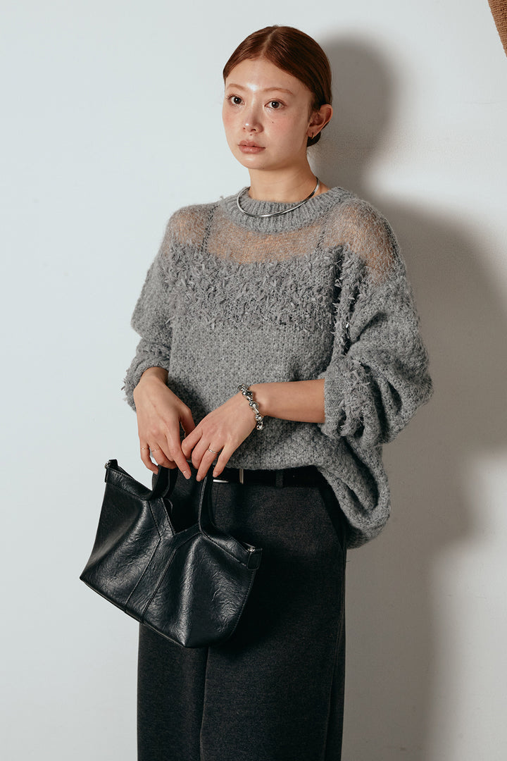 [SET]パターンランダム編みニットトップス+ベルト付きフロントタックデザインパンツ(2set)