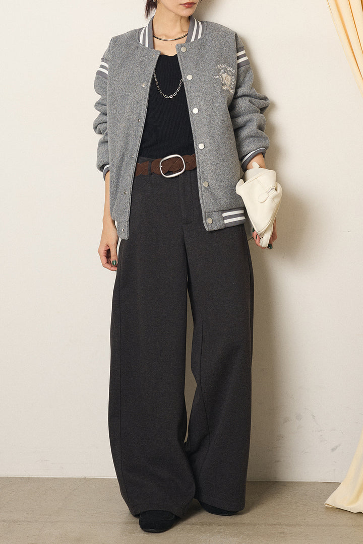 [SET]ワンポイントデザインブルゾン+編みベルト付きワイドパンツ(2set)
