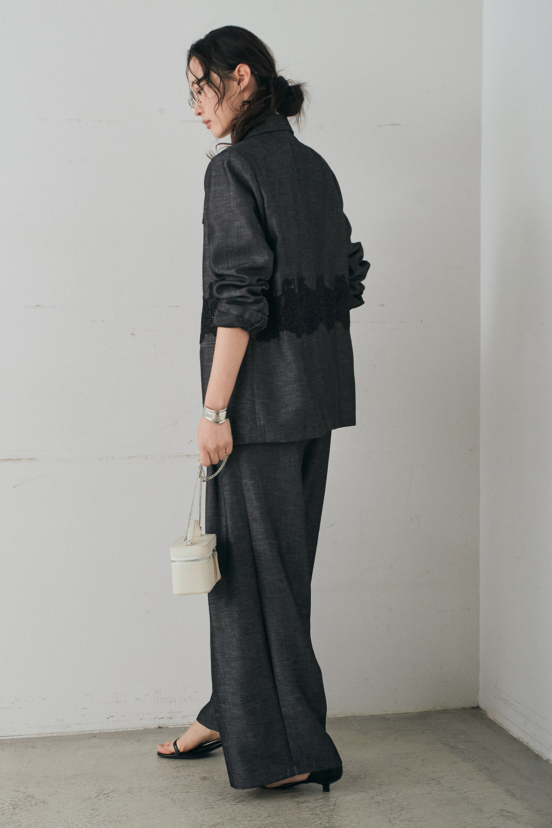 [SET]リネンタッチレースデザインジャケット+リネンタッチ細ベルト付きワイドパンツ(2set)