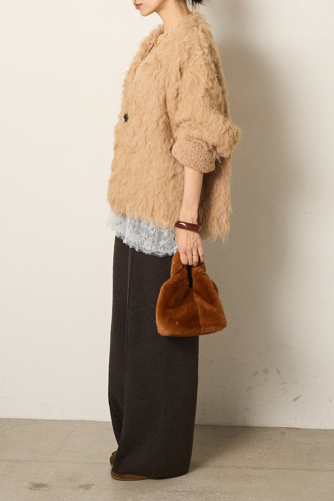 [SET]起毛シャギーニットカーディガン+センターラインニットパンツ+レース切り替えキャミソール(3set)