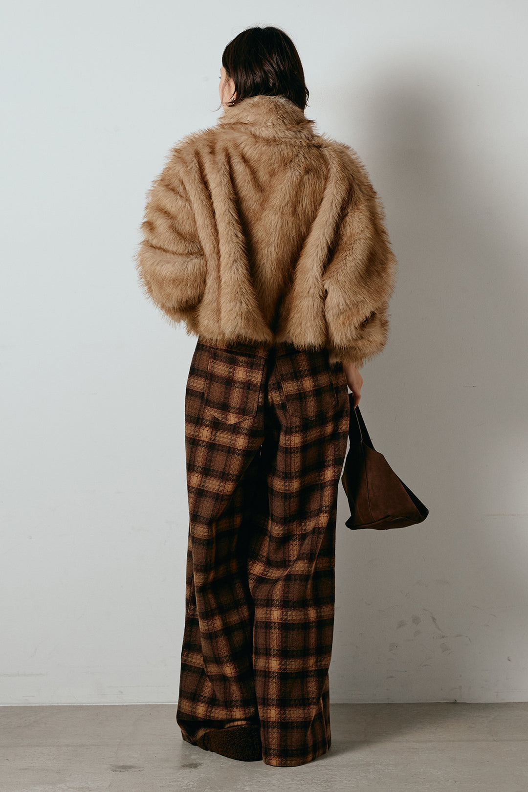 [SET]エコファーショート丈ブルゾン+ルーズタータンチェックワイドパンツ(2set)