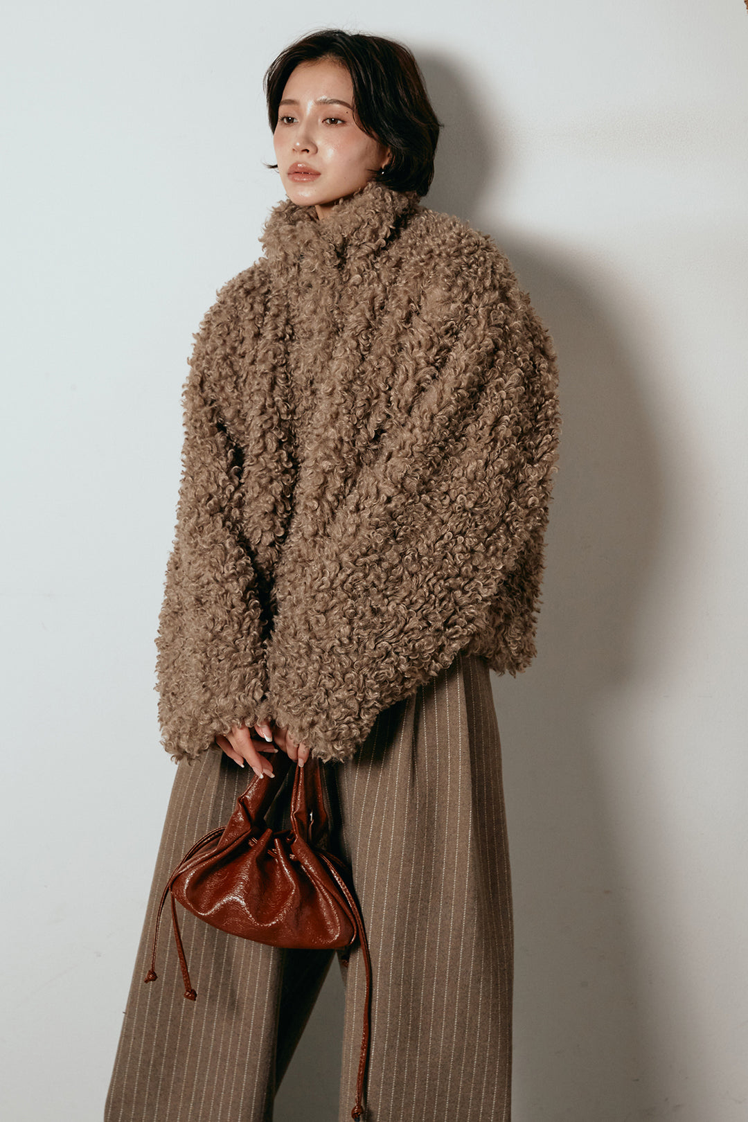 [SET]プードルファーミドルジャケット+ウールライクストライプパンツ(2set)