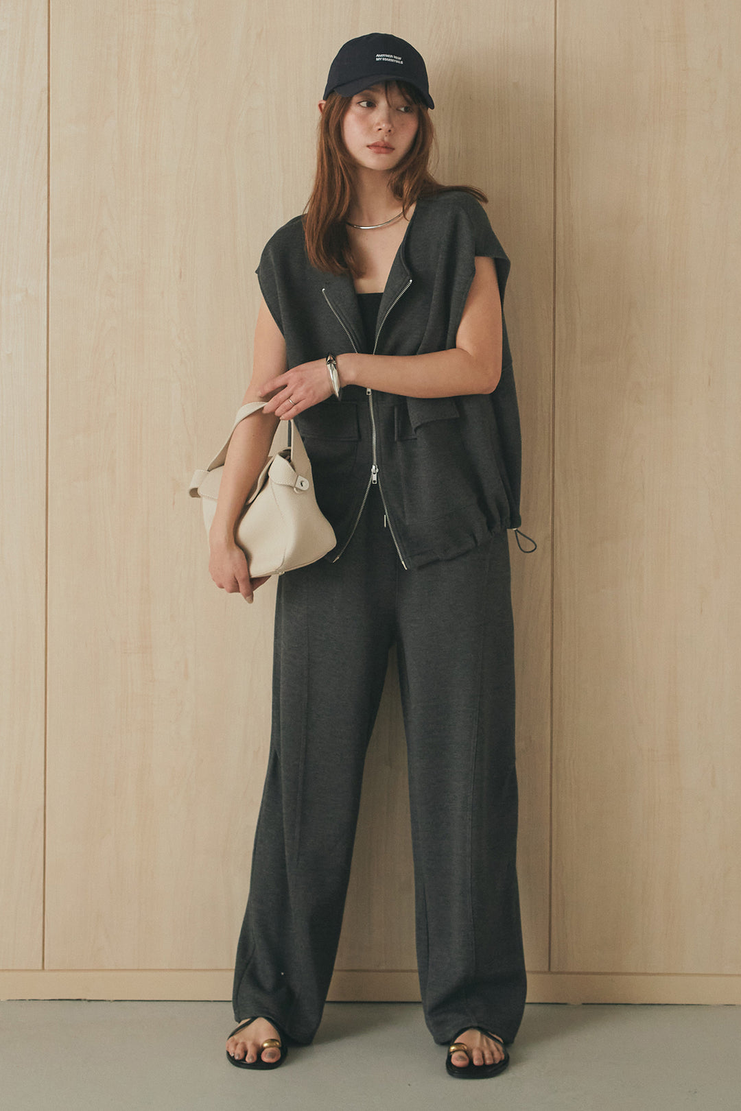 [SET]ボンディング生地ジップベスト+ボンディング生地コクーンパンツ(2set)