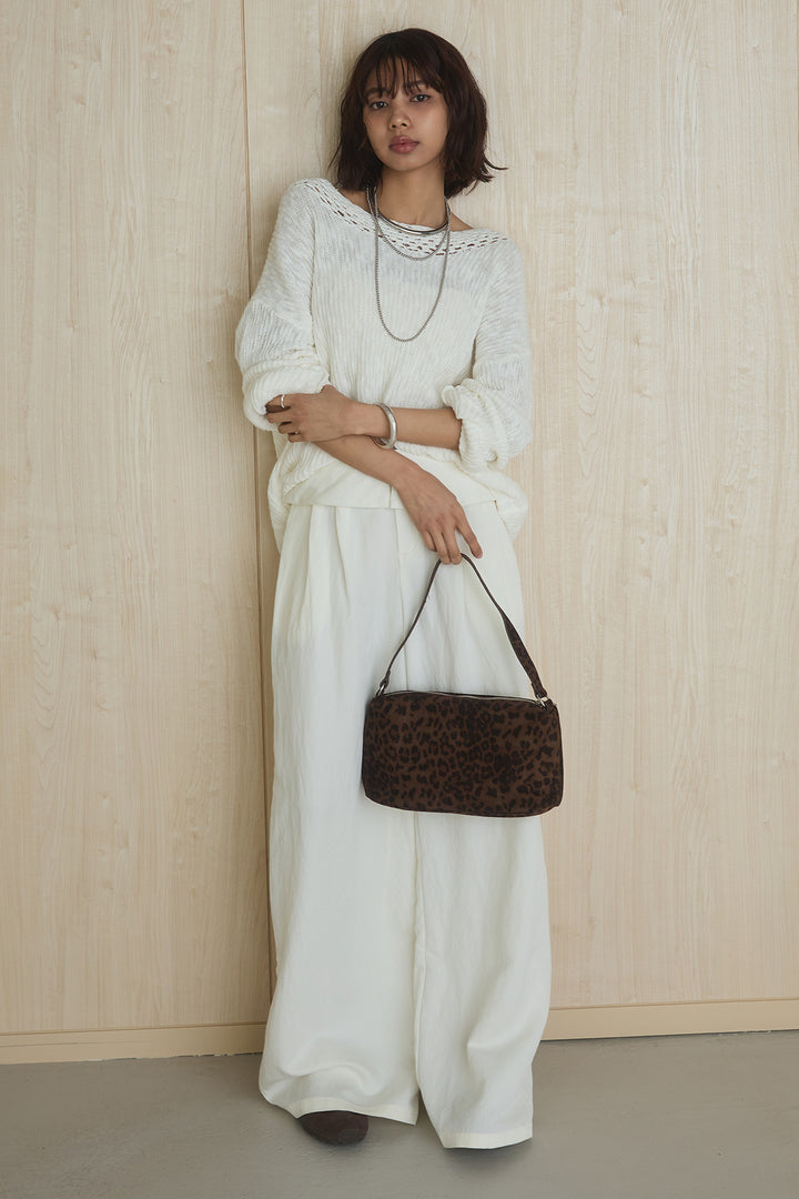 [SET]ネック編みデザインニットトップス+ウエスト折り返しワイドパンツ(2set)