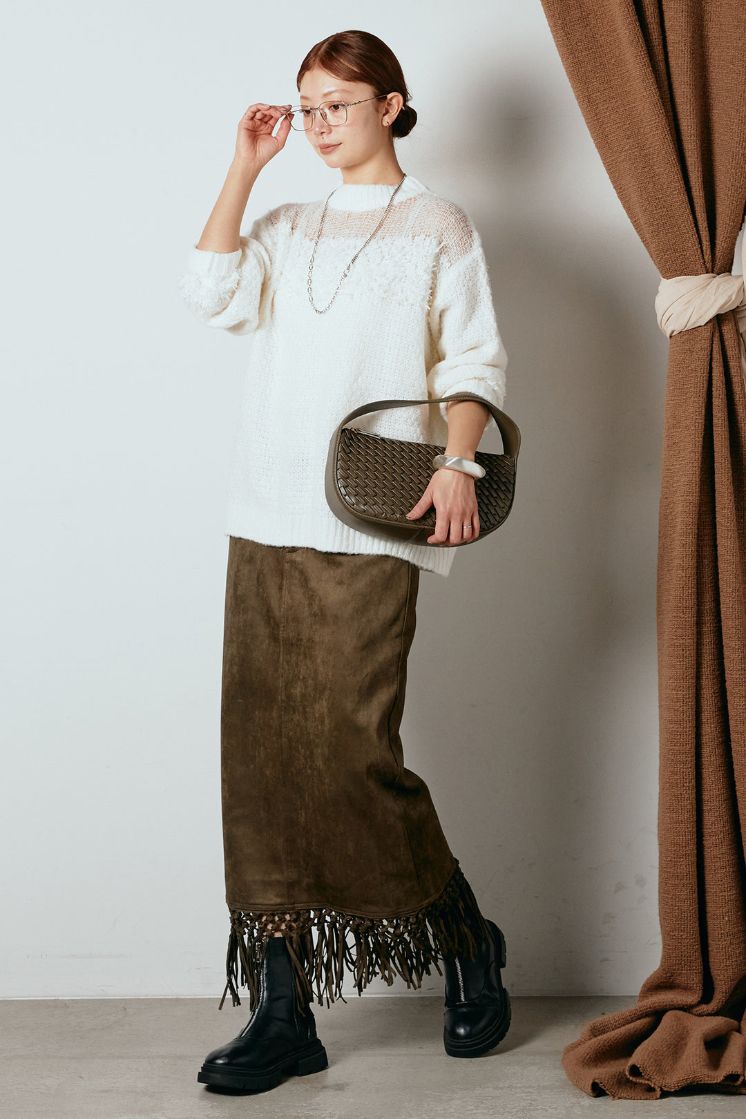 [SET]パターンランダム編みニットトップス+スウェードライク裾フリンジスカート(2set)