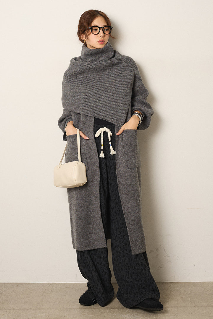 [SET]ケープレイヤードロングカーディガン+レオパードジャガードニットパンツ(2set)