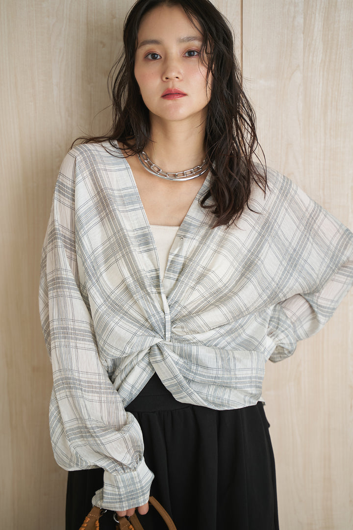 [SET]フロントツイストチェックシアーブラウス+ウエスト折り返しタックワイドスウェットパンツ(2set)
