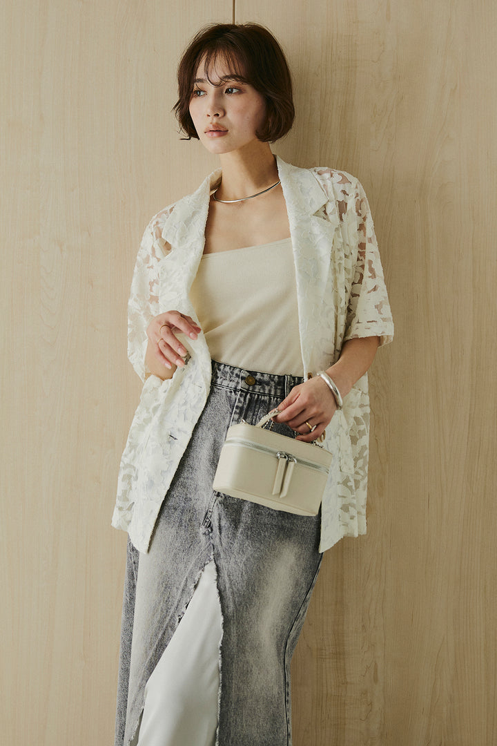 [SET]シアージャガードハーフスリーブテーラードジャケット+サテン切り替えデニムスカート(2set)