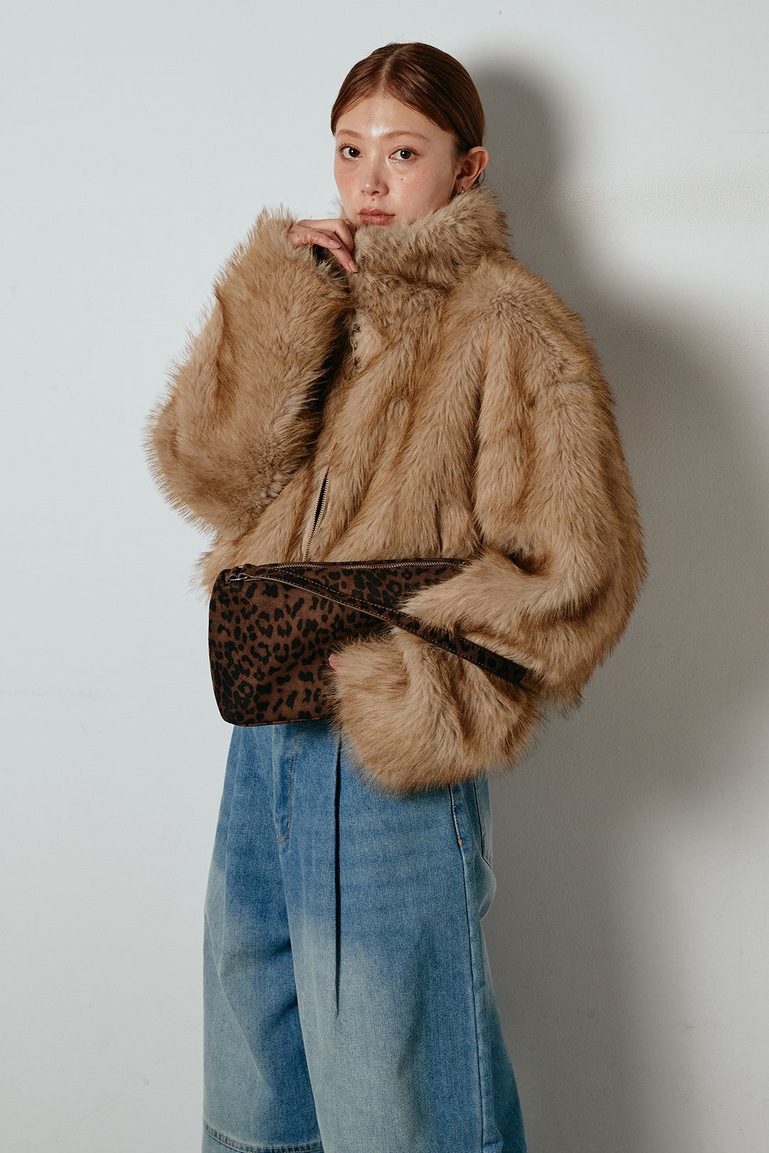 [SET]エコファーショート丈ブルゾン+加工デニムタックコクーンワイドパンツ(2set)