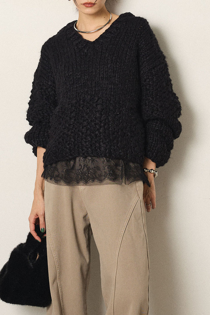 [SET]Vネックハンド編みニットトップス+レース切り替えキャミソール(2set)
