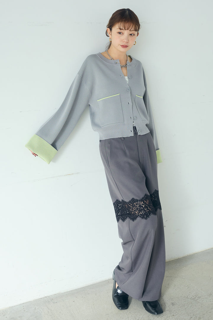 [SET]レーヨンポリダブルフェイスカーディガン+レース刺繍切替ワイドパンツ(2set)