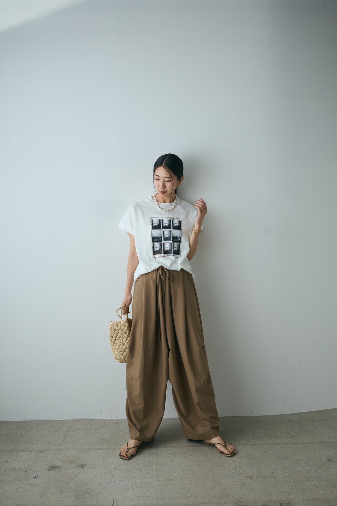 [SET]フォトプリントラグランTシャツ+ランダムタック入りワイドパンツ(2set)