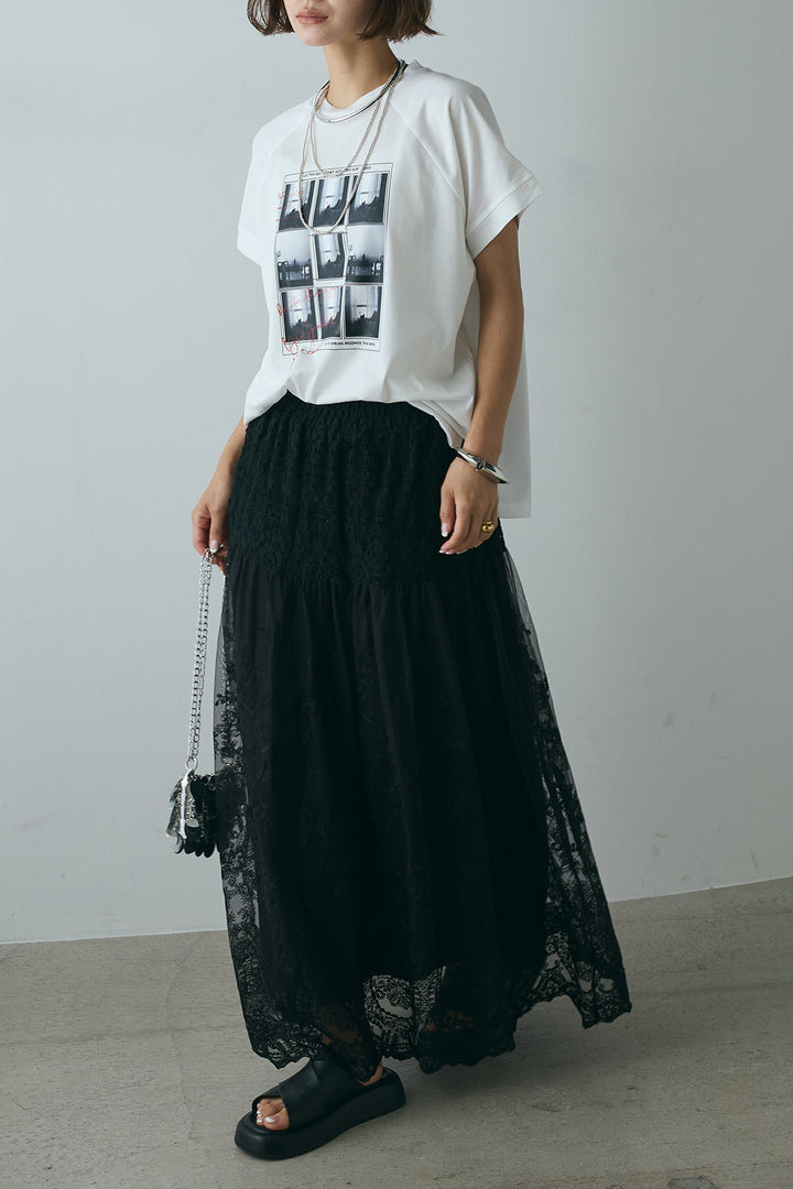 [SET]フォトプリントラグランTシャツ+ミックスレース刺繍スカート(2set)