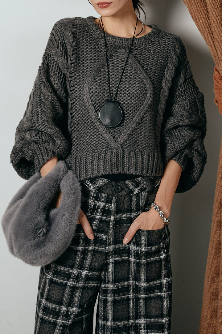 [SET]ロービングケーブルショート丈プルオーバー+ルーズタータンチェックワイドパンツ(2set)