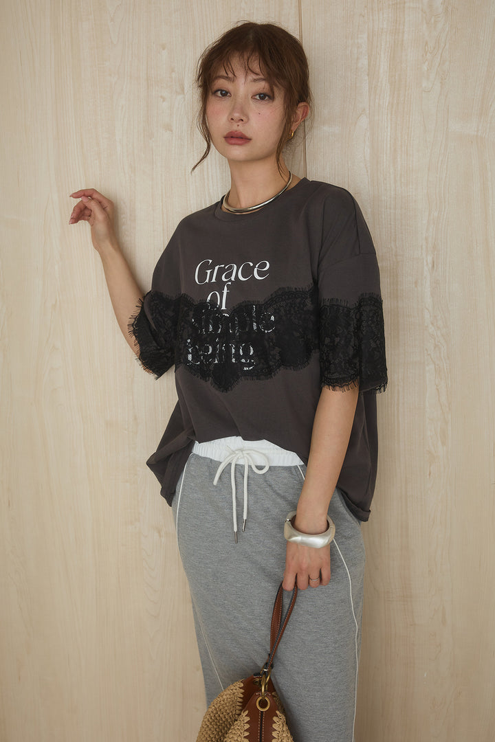[SET]レースロゴプリントTシャツ+ミニ裏毛ストレートスカート(2set)