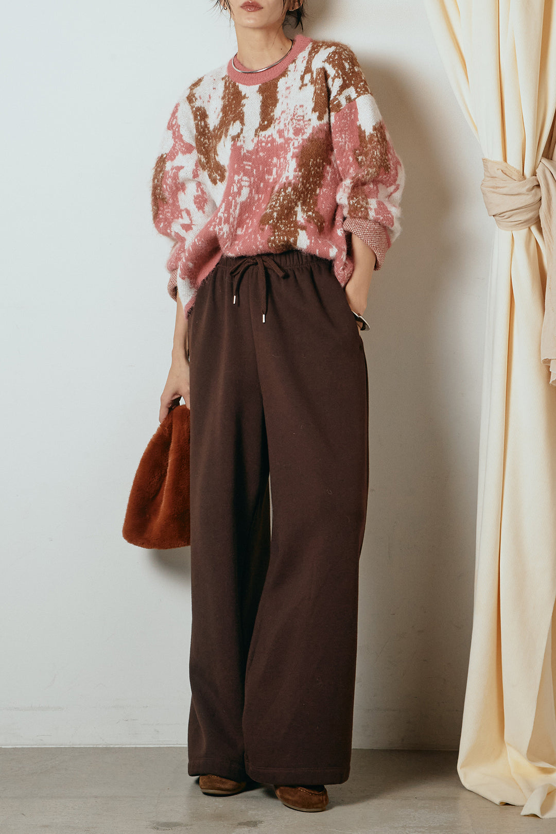 [SET]起毛ニュアンス柄ニットプルオーバー+裏起毛スウェットワイドパンツ(2set)
