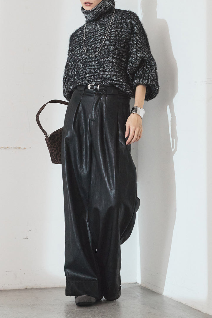 [SET]ミックス編みドルマンニットトップス+ベルト付きレザーライクタックパンツ(2set)