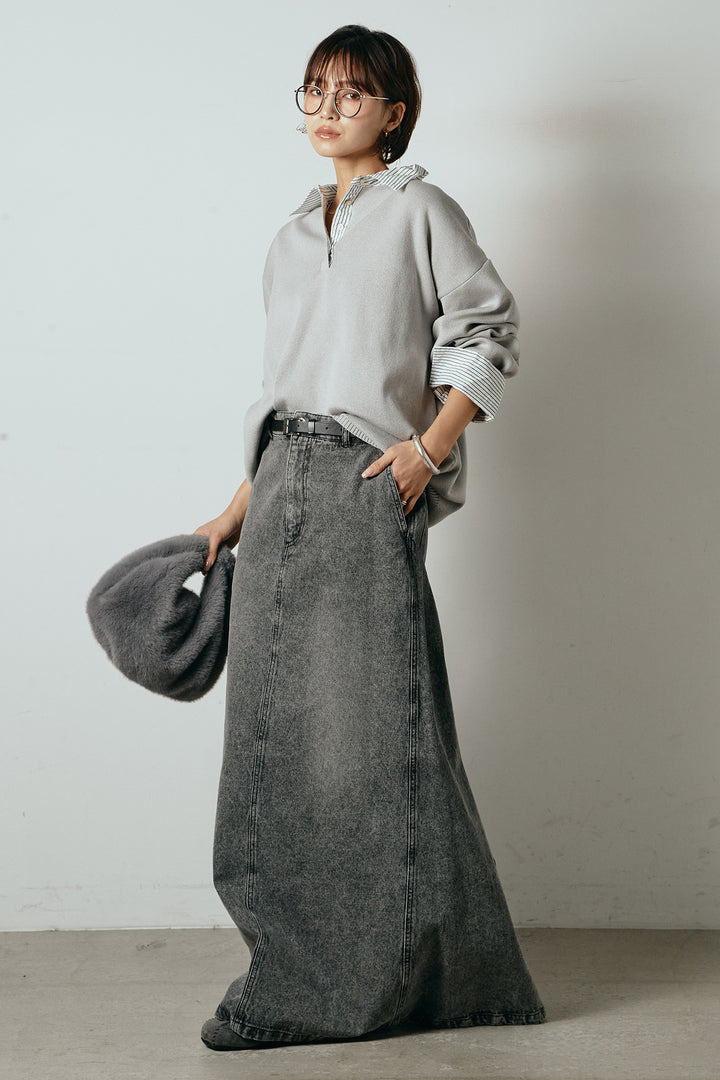 [SET]ストライプシャツドッキングポロトップス+デニムロングフレアスカート(2set)