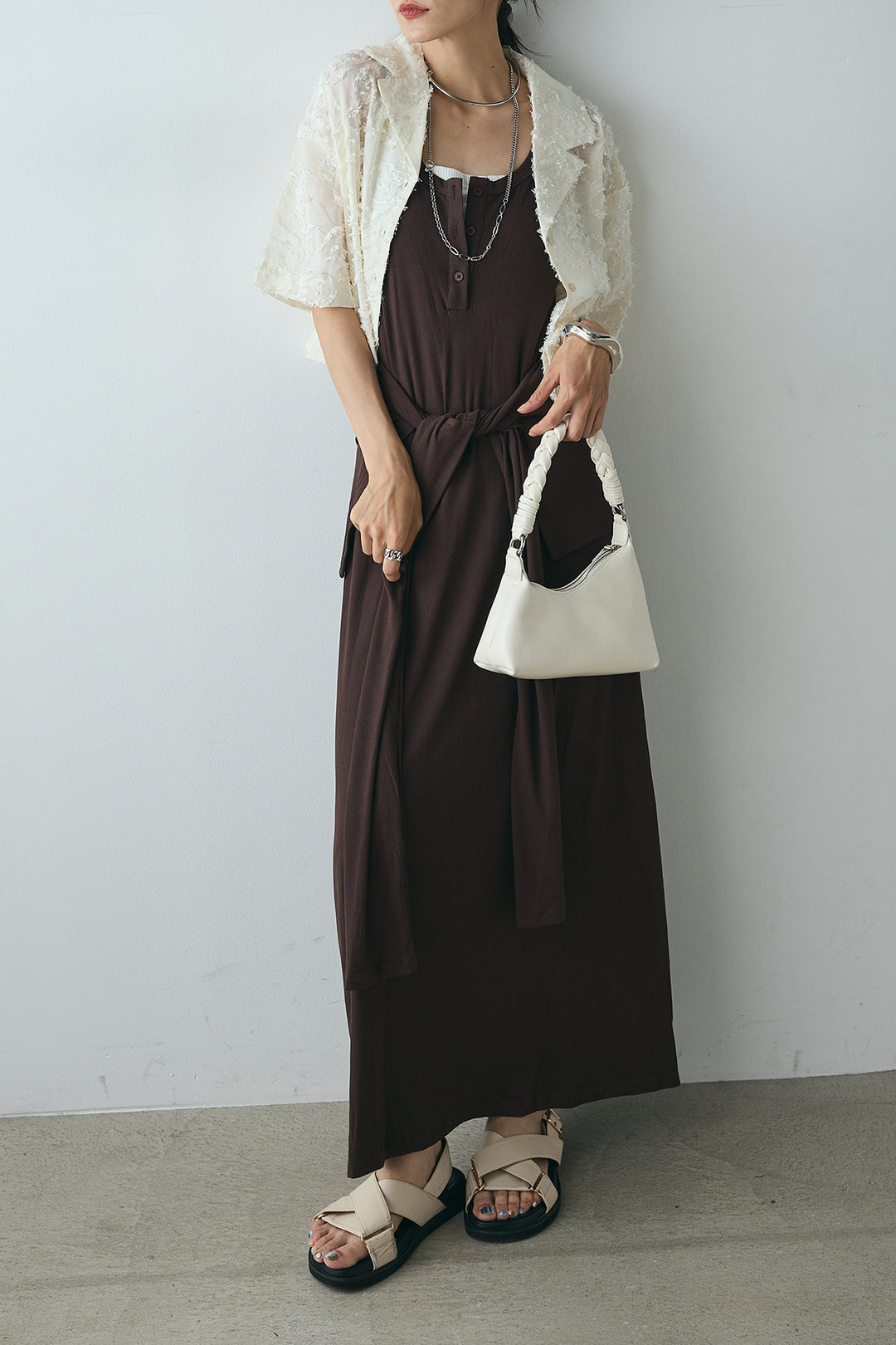 [SET]半袖オープンカラージャガード柄シャツ+ウエスト巻きリブロングワンピース(2set)