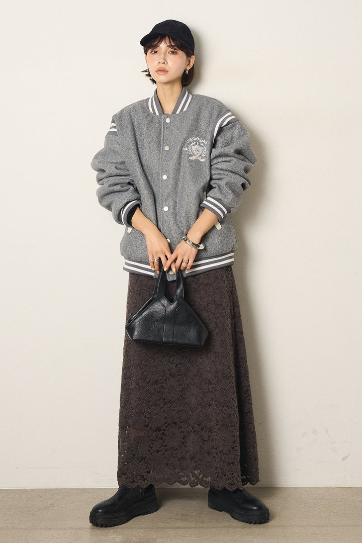 [SET]ワンポイントデザインブルゾン+花柄刺繍ベロアフレアスカート(2set)