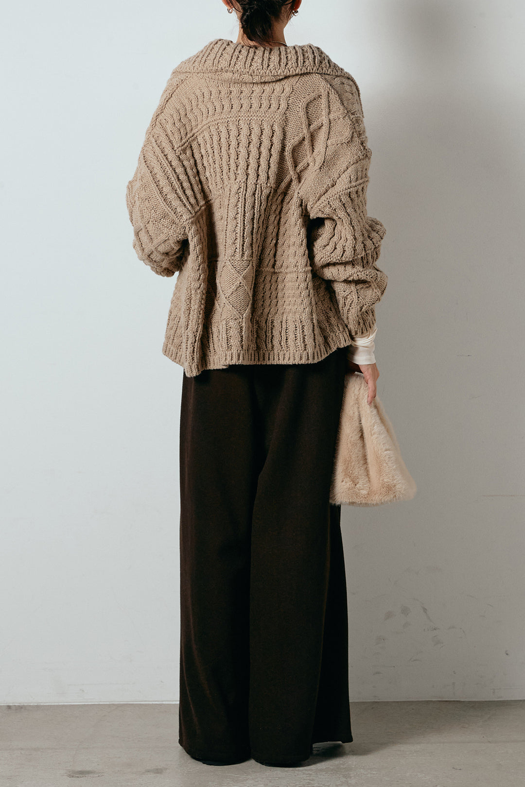 [SET]ビッグカラーケーブル編みニットトップス+2WAY袖コード刺繍クルーネックプルオーバー(2set)