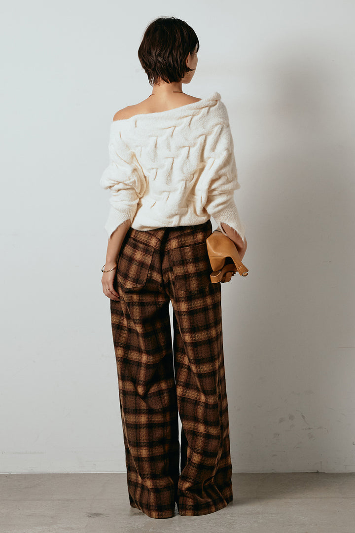 [SET]ボートネックニットトップス+ルーズタータンチェックワイドパンツ(2set)