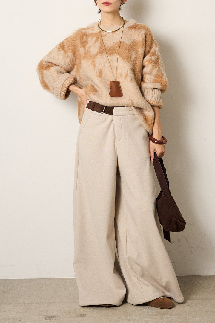 [SET]モヘアタッチマーブルニット+サイドベルトパンツ(2set)