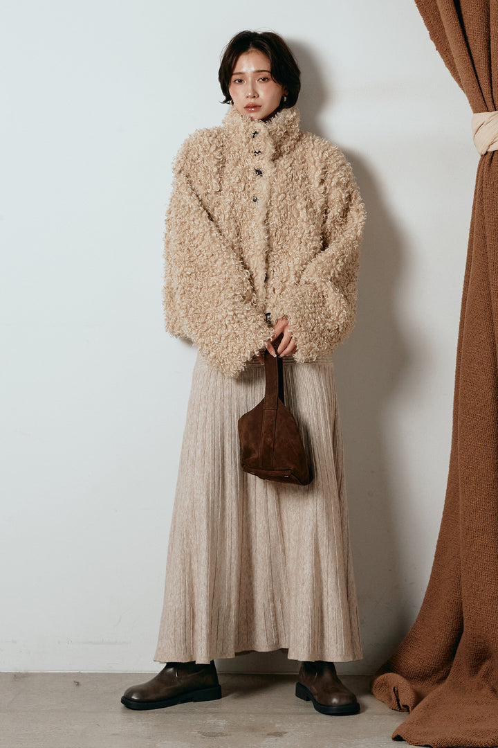 [SET]プードルファーミドルジャケット+編み地切り替えフレアニットスカート(2set)